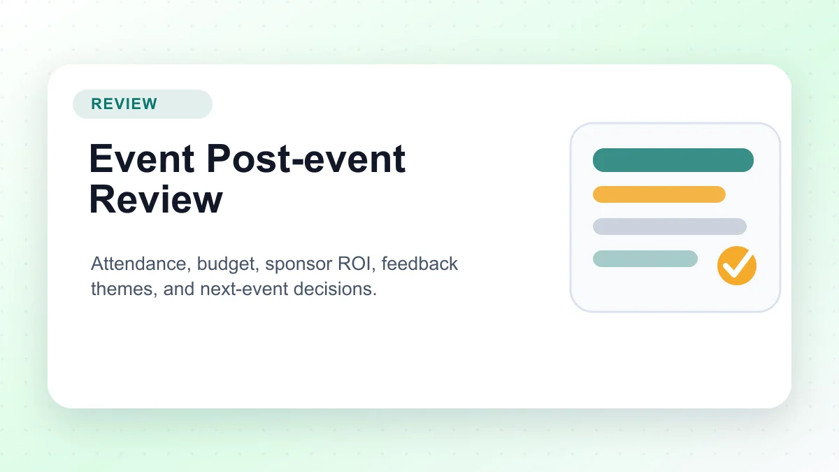 Event post-event review dashboard with attendance, budget, sponsor ROI, and feedback themes