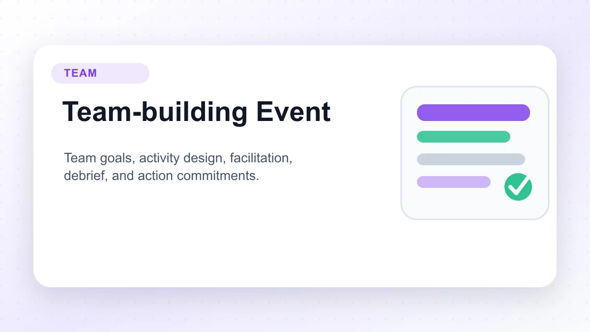 Team-building event canvas for goals, activity design, facilitation, and debrief