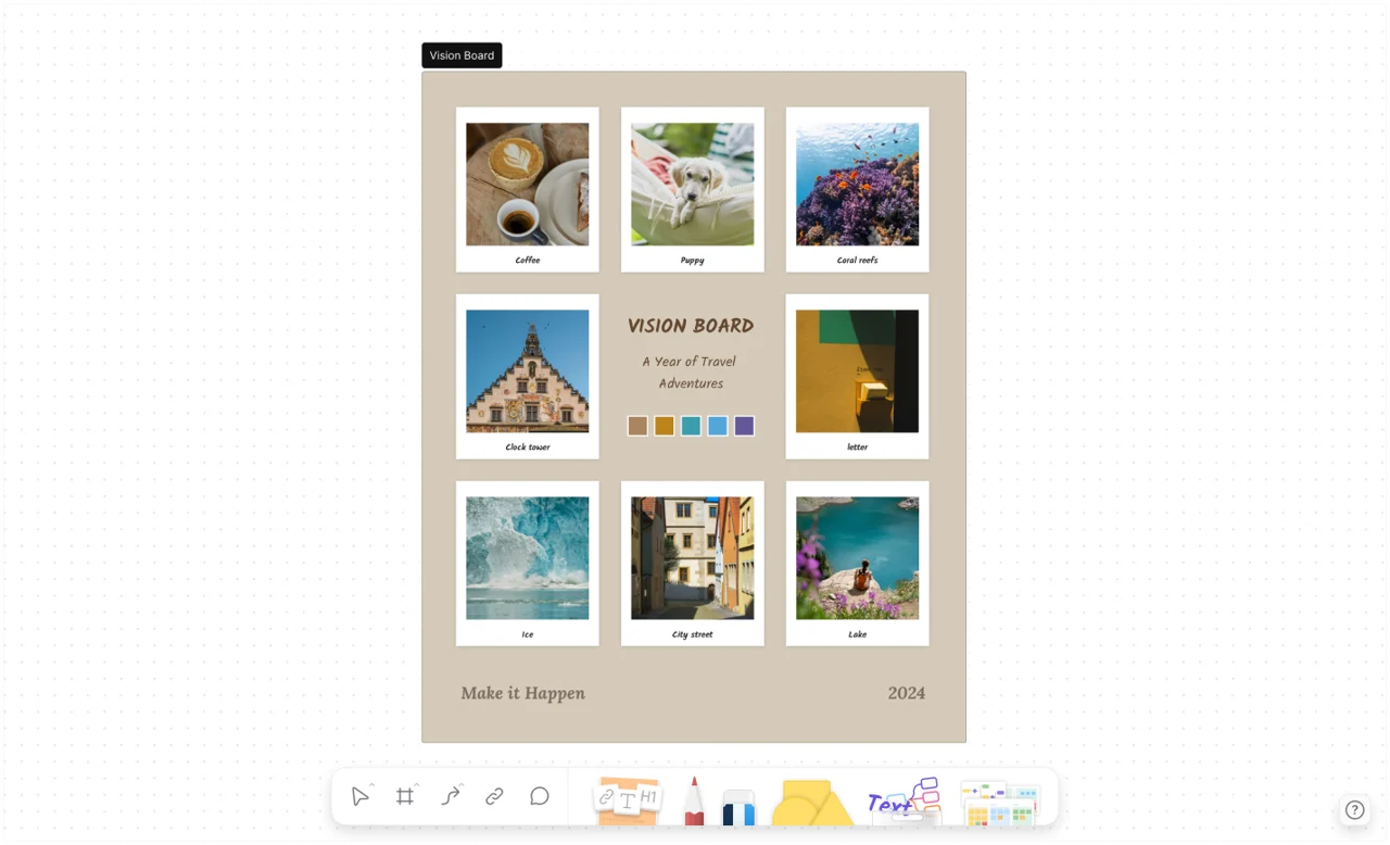 Digital vision board example on an AFFiNE canvas with travel photos, goal labels, and color swatches