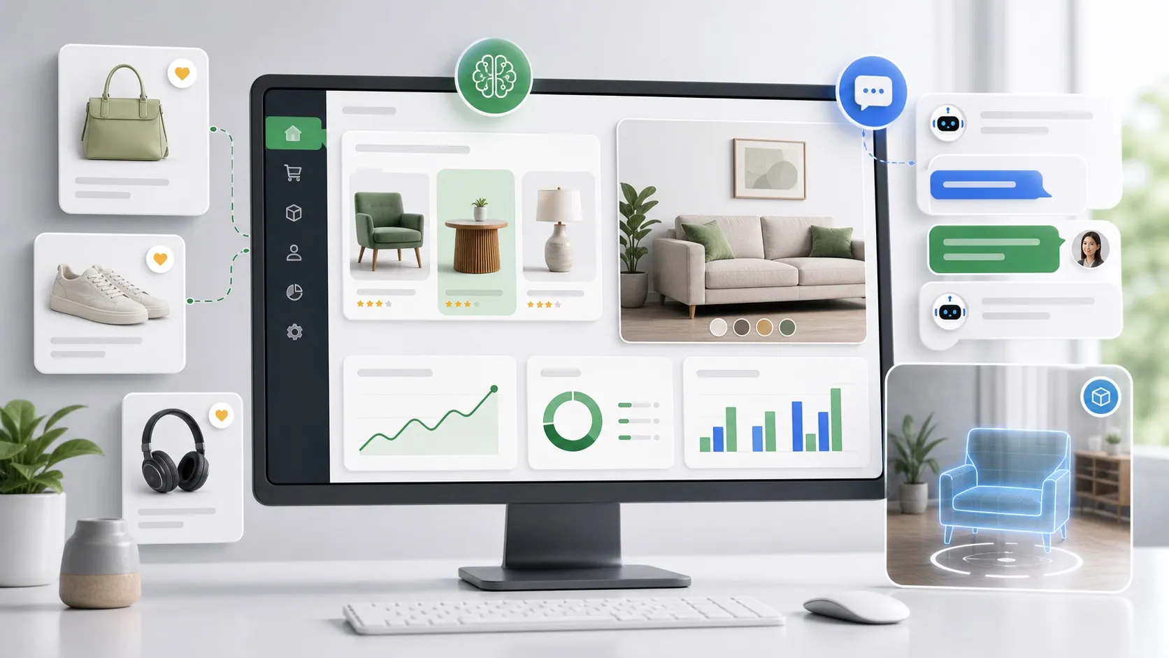Ecommerce technology dashboard showing AI recommendations, chat support, AR product preview, and sales analytics