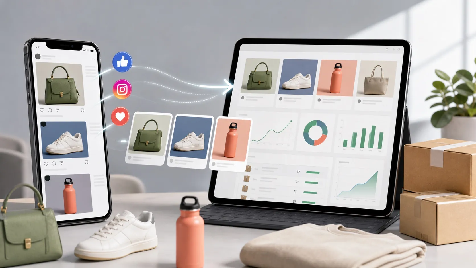 Social shopping cards flowing from a phone into an ecommerce storefront dashboard with product tiles and order analytics