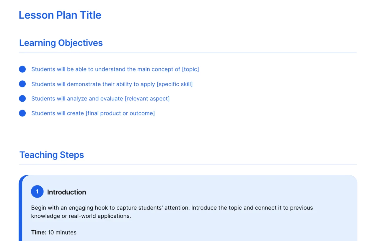 AFFiNE Basic Lesson Plan Template showing structured sections for objectives, materials, activities, and assessments for effective classroom instruction planning.