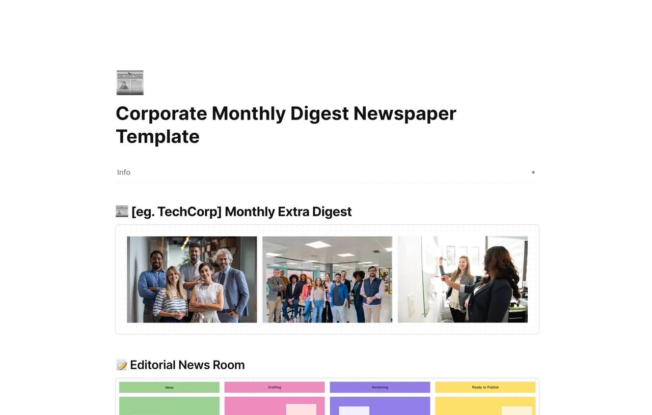 Modern corporate newsletter template with multi-column newspaper layout, professional headlines, and collaborative workspace features.