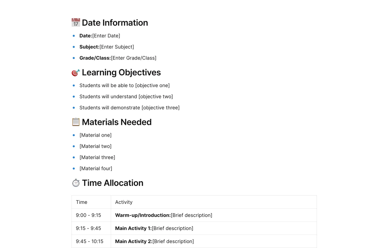 Comprehensive daily lesson plan outline template with structured sections for objectives, activities, assessments, and resources to enhance classroom instruction and student engagement.