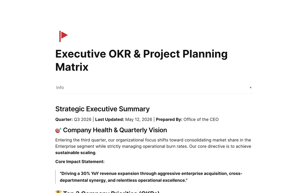 Executive-level OKR matrix and project planning dashboard in AFFiNE featuring interconnected goals, progress bars, and strategic priority alignment.