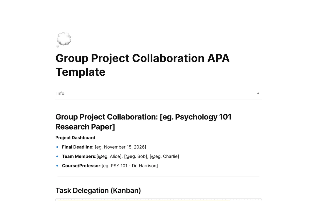 AFFiNE APA 7th edition group project template showing title page structure, collaborative research blocks, and bibliography management.