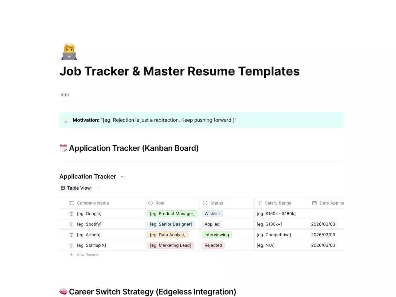 Interactive job application pipeline and master resume database in AFFiNE for career organization and tracking.