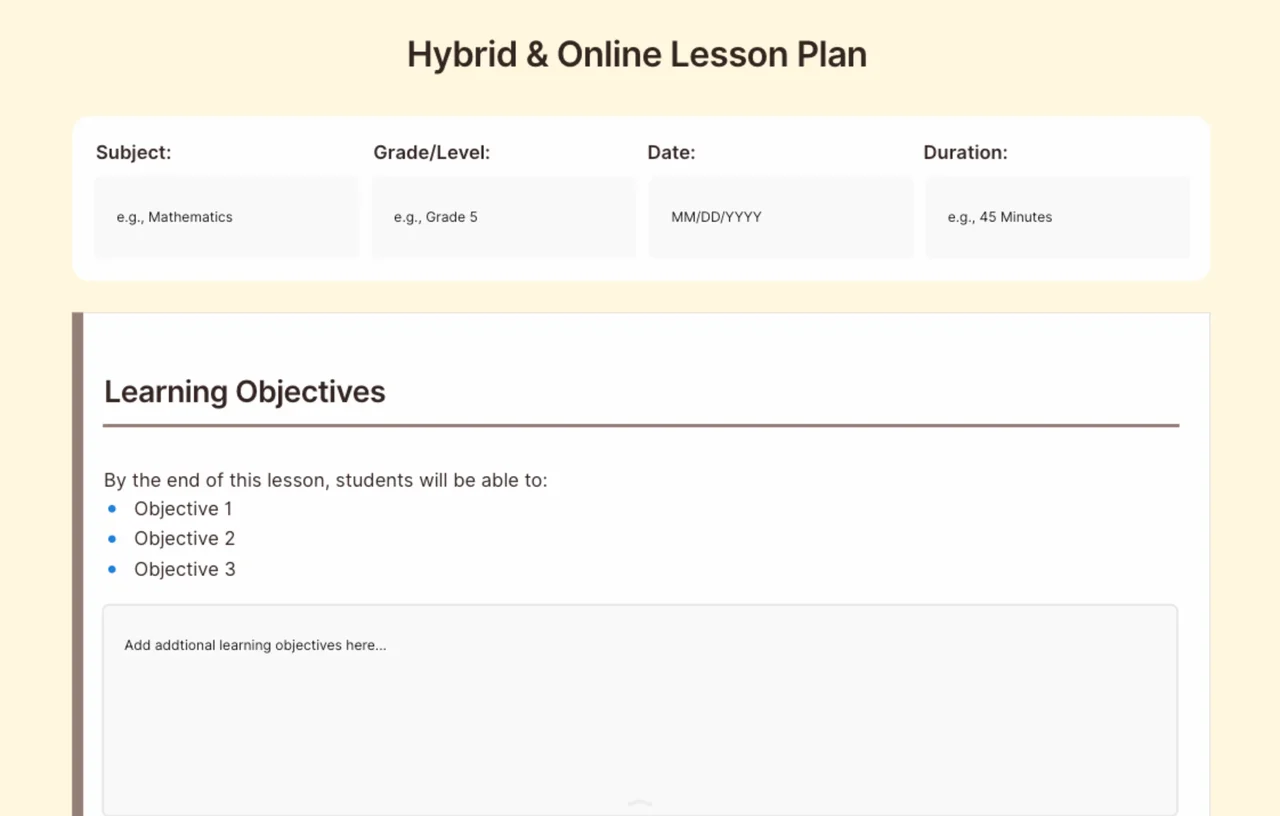 Lesson plan template with organized sections for objectives, activities, assessment strategies, and reflection components for effective teaching and student evaluation