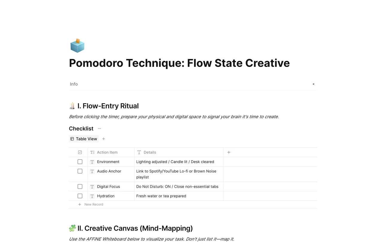 A structured Pomodoro layout featuring timed intervals and creative task blocks designed to maintain flow state