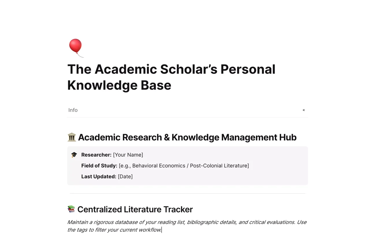 The Academic Scholar's Personal Knowledge Base template in AFFiNE showcasing organized research notes, literature reviews, and interconnected academic concepts