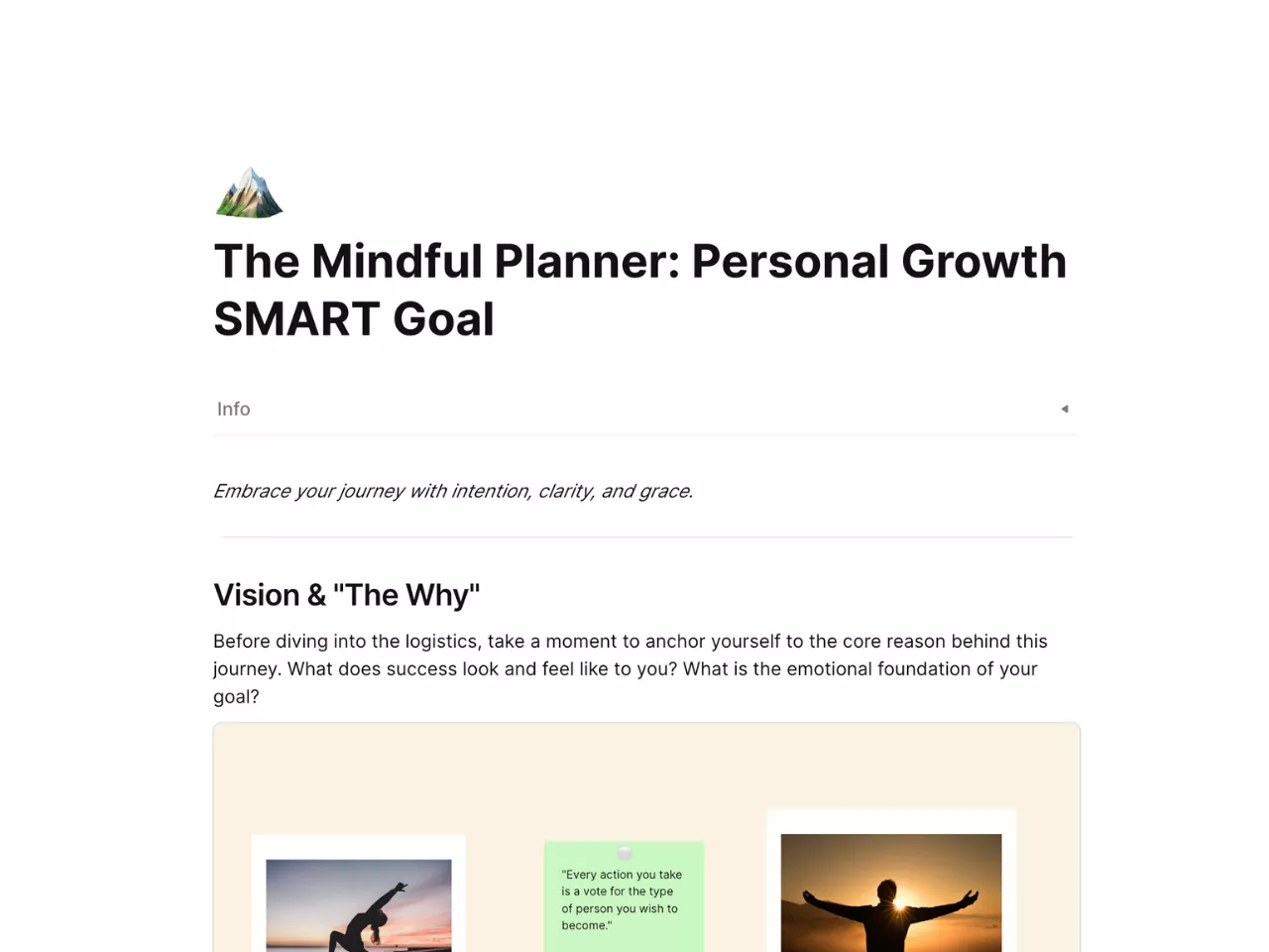 AFFiNE Mindful Planner template interface showing SMART goal setting blocks, personal reflection areas, and progress tracking bars in a clean, minimal layout.