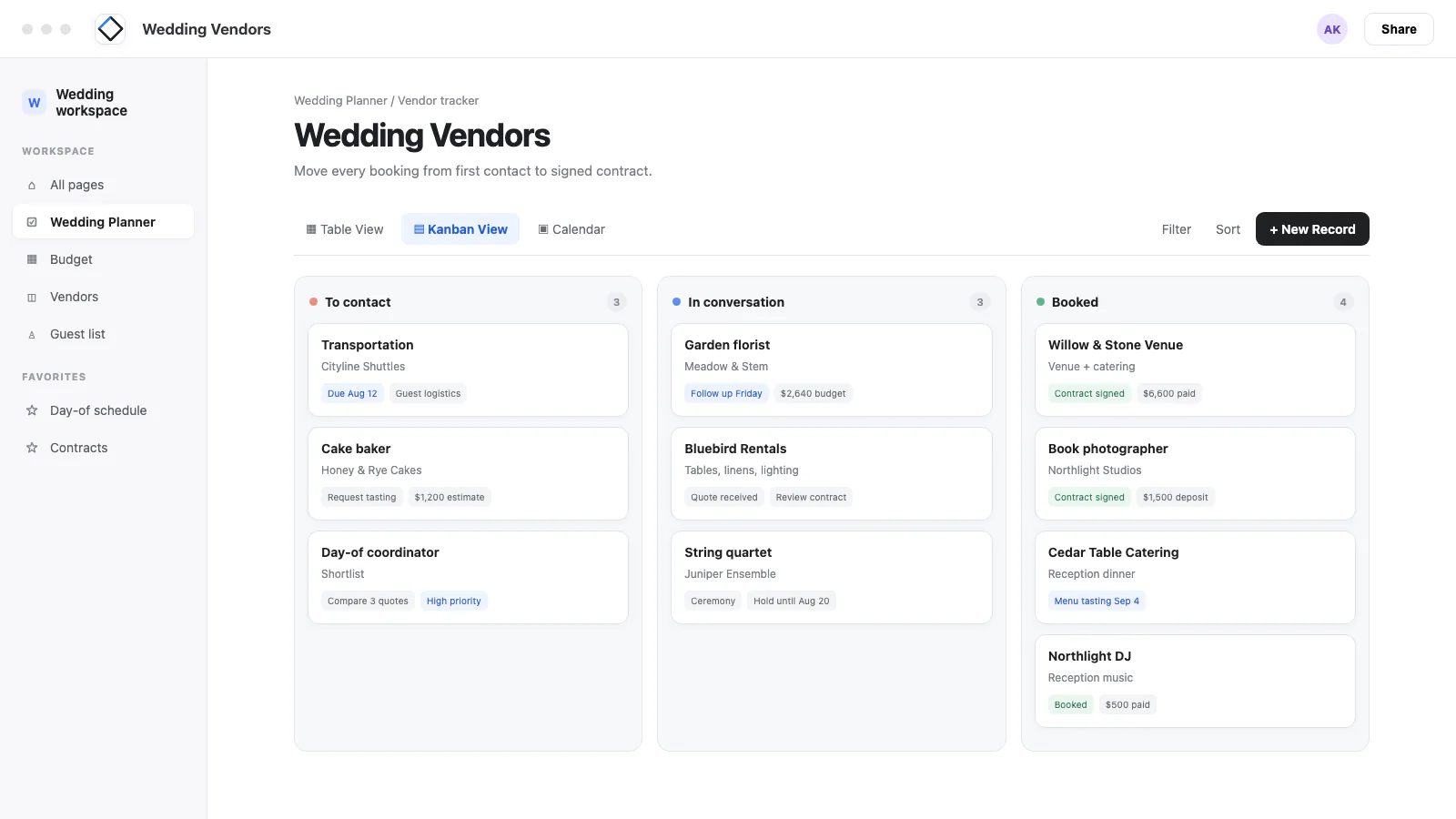 AFFiNE wedding planner checklist in Kanban view for tracking vendor bookings by status